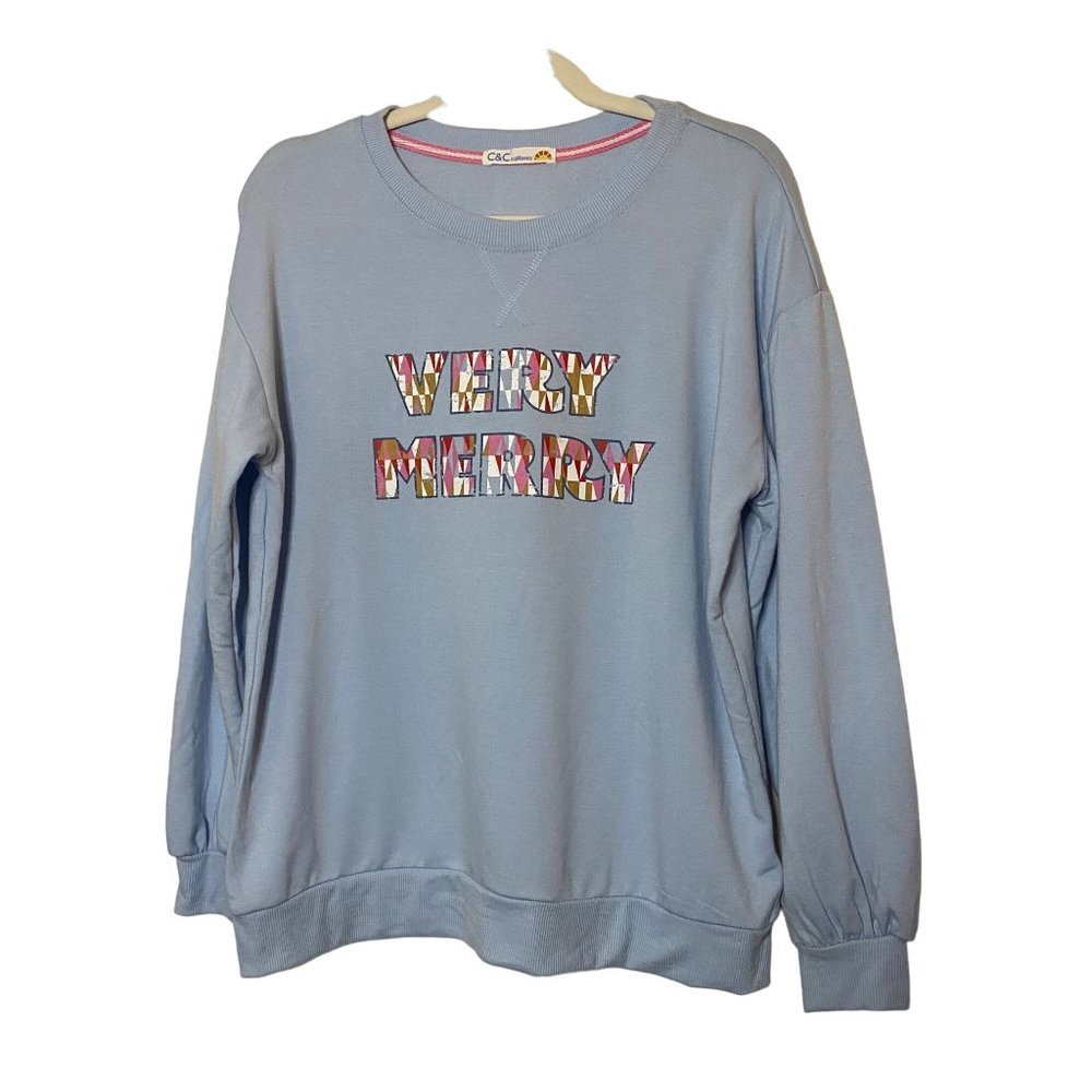 C&C California Womens Long Sleeve‎ Very Merry Light Blue Boat Neck Top Size M